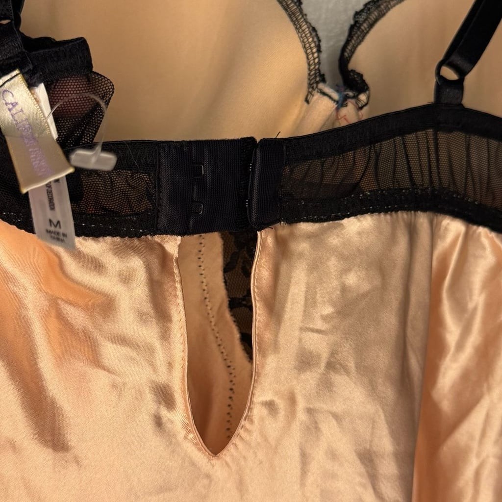 California Dynasty Pink Satin and Black Lace Cupped Babydoll Lingerie