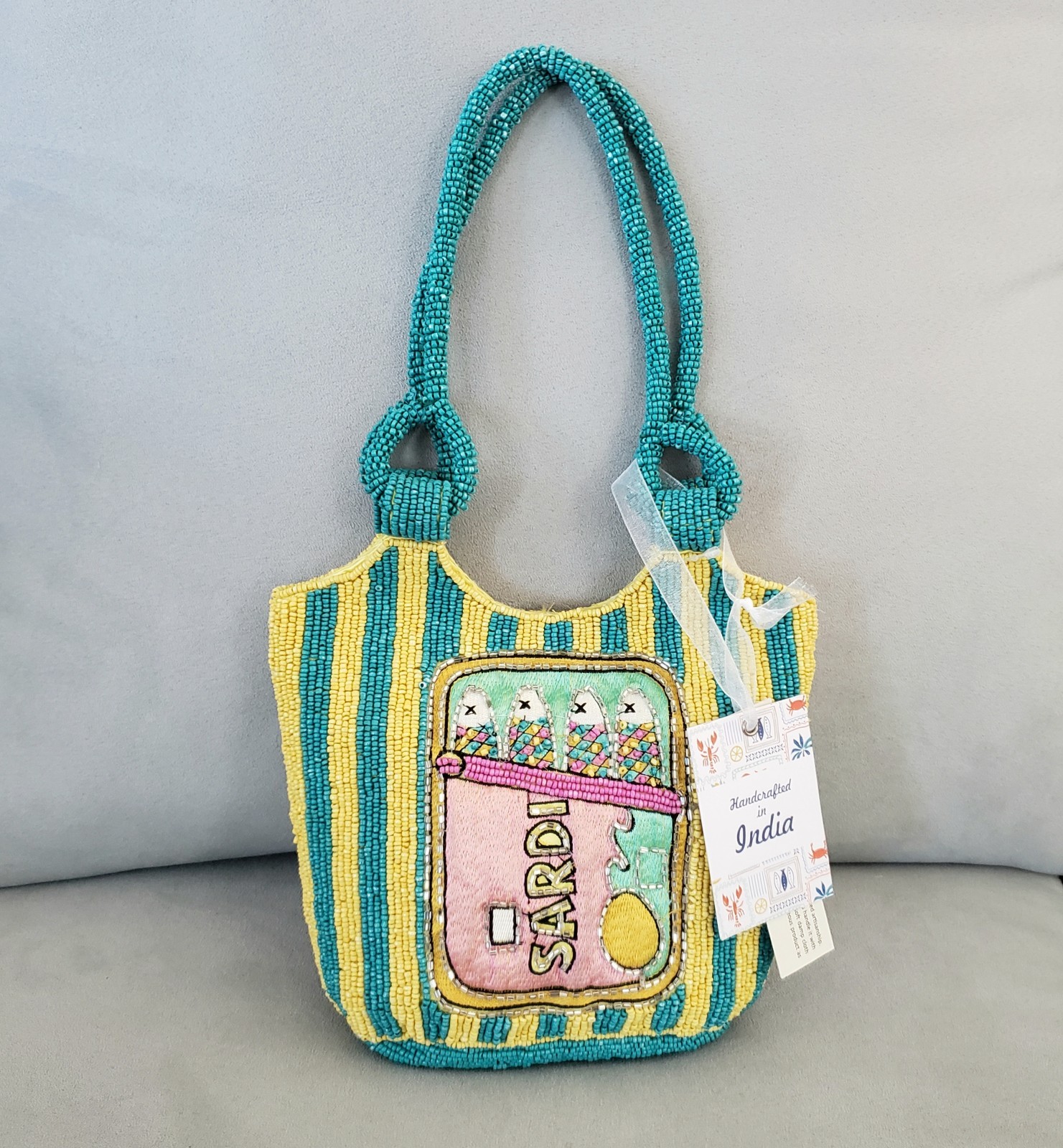 Sardines In A Can Beaded Bag Striped Yellow Teal Pink Fish Handcrafted in India