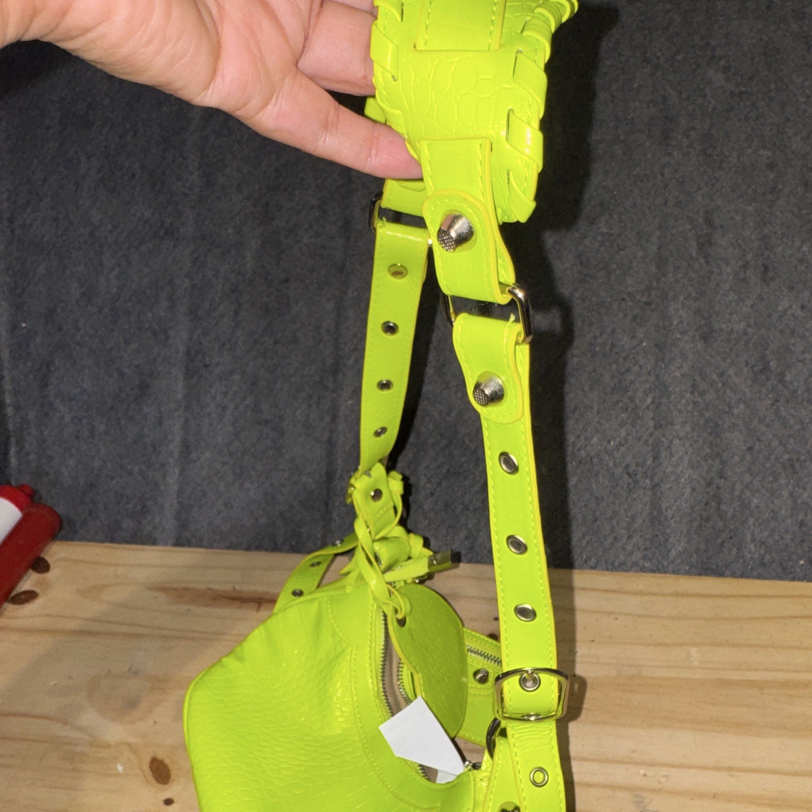 Neon Green Quilted Studded Crescent Shoulder Bag w/ Pouch, Heart Mirror & Strap