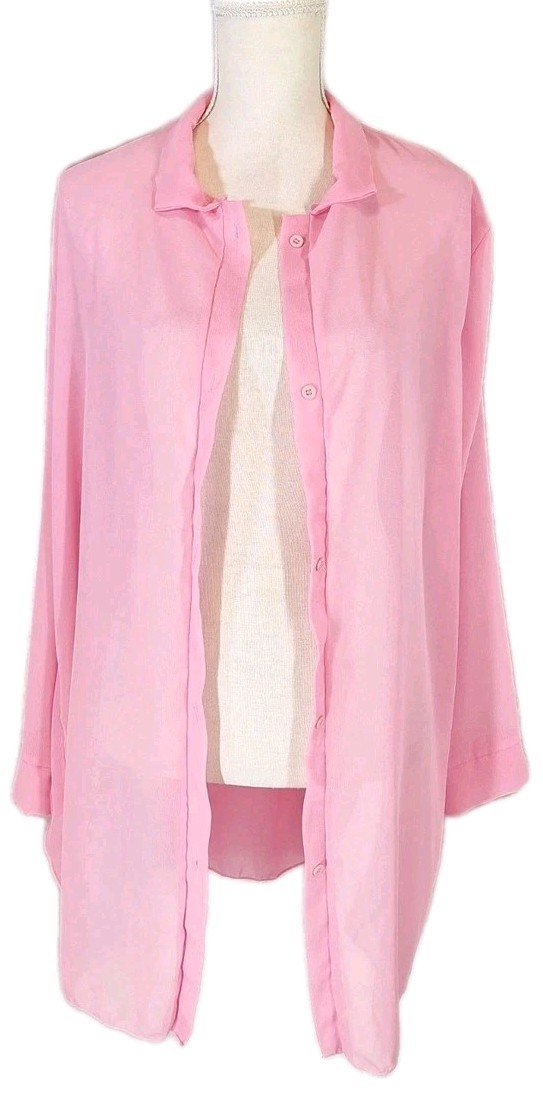 Sheer Transparent Chiffon Cover-Up Blouse Collared Button Front Shirt SzL Pink
