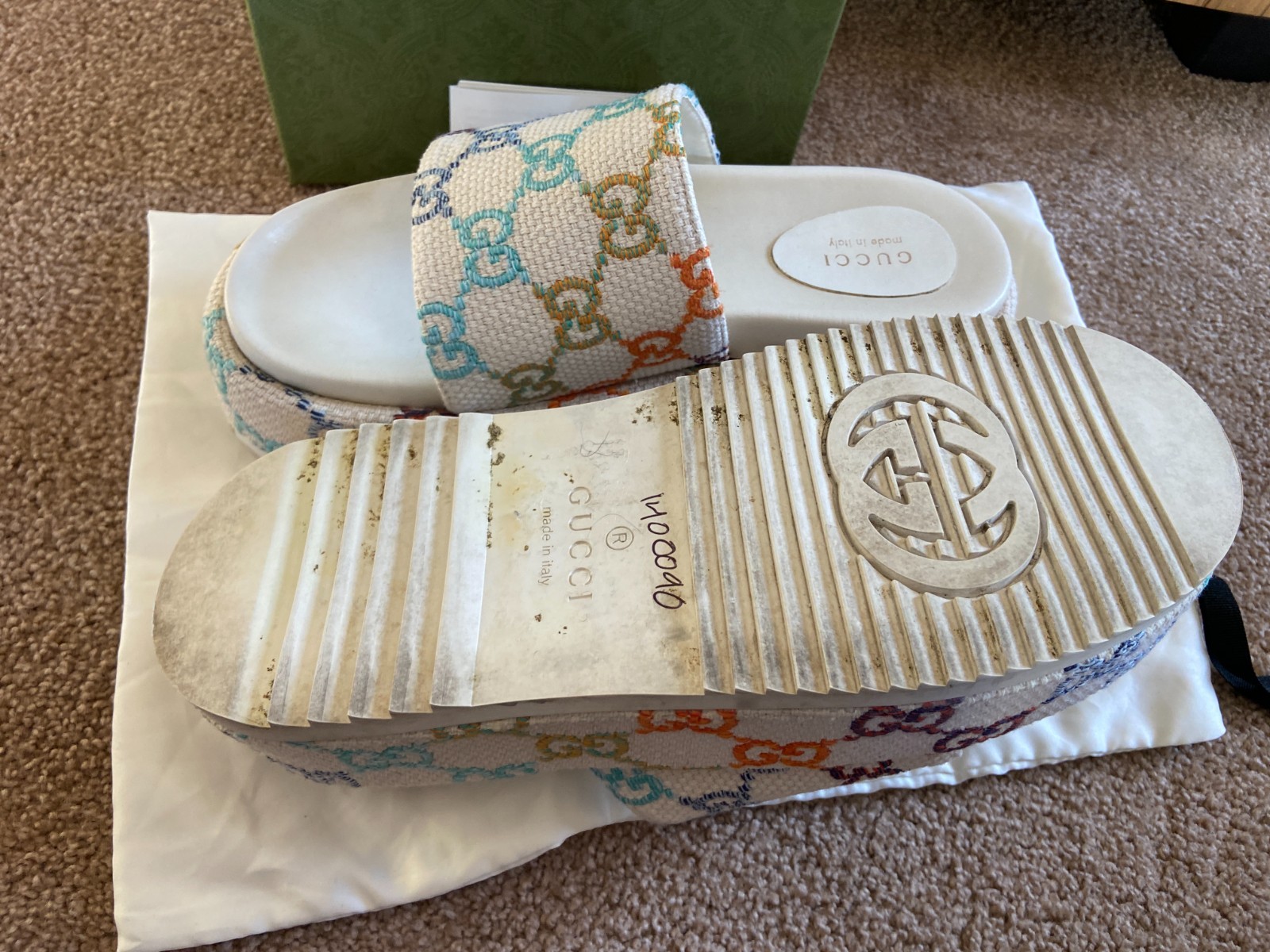 GUCCI ANGELINA Platform Multicolor logo print EMBROIDERED canvas slides 39