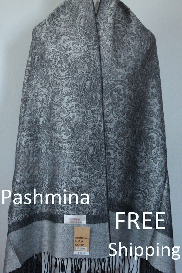 DG Women’s Pashmina Scarf Shawl Wrap Paisley Black Silver 30%Silk 70shmere