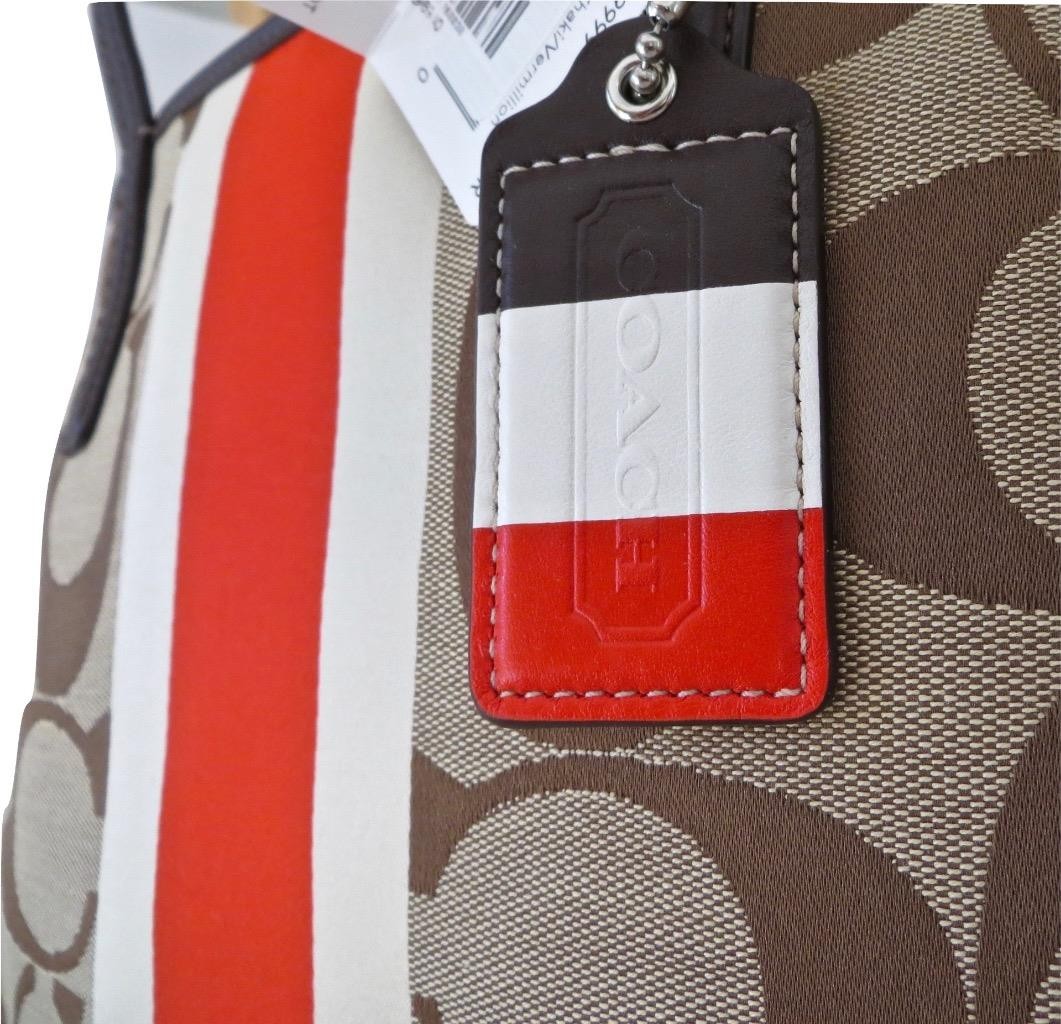New NWT Coach Hamptons Khaki Vermillion Signature Stripe Tote Purse 19999 RARE