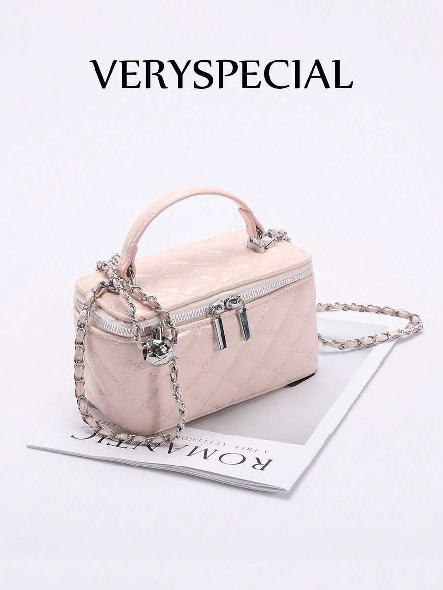 Mini Quilted Box Bag Rhinestone Embroidery Zipper Handbag Chain Strap Purse