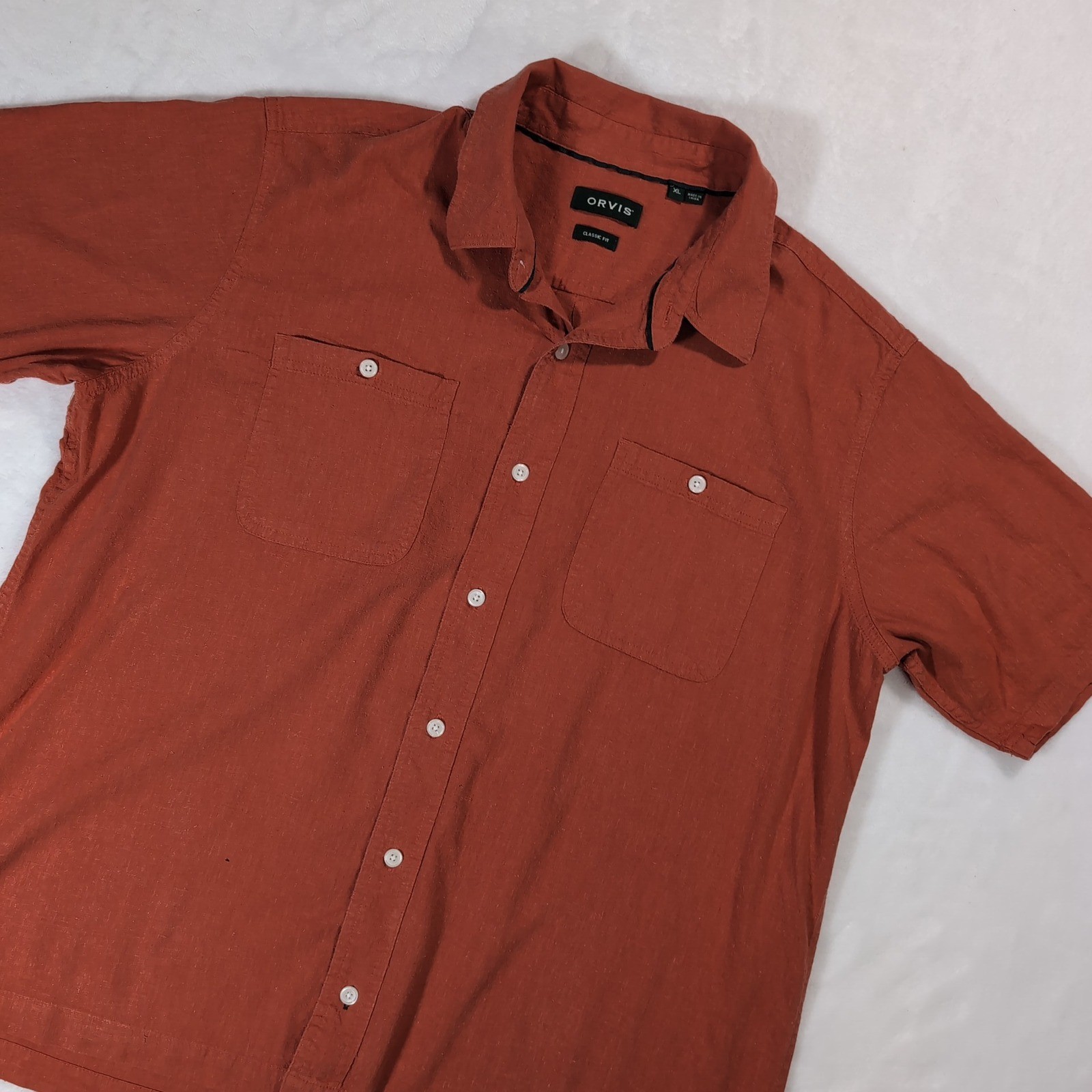 Orvis Button Down Shirt Mens XL Burnt Orange Hemp Blend Short Sleeve Classic Fit