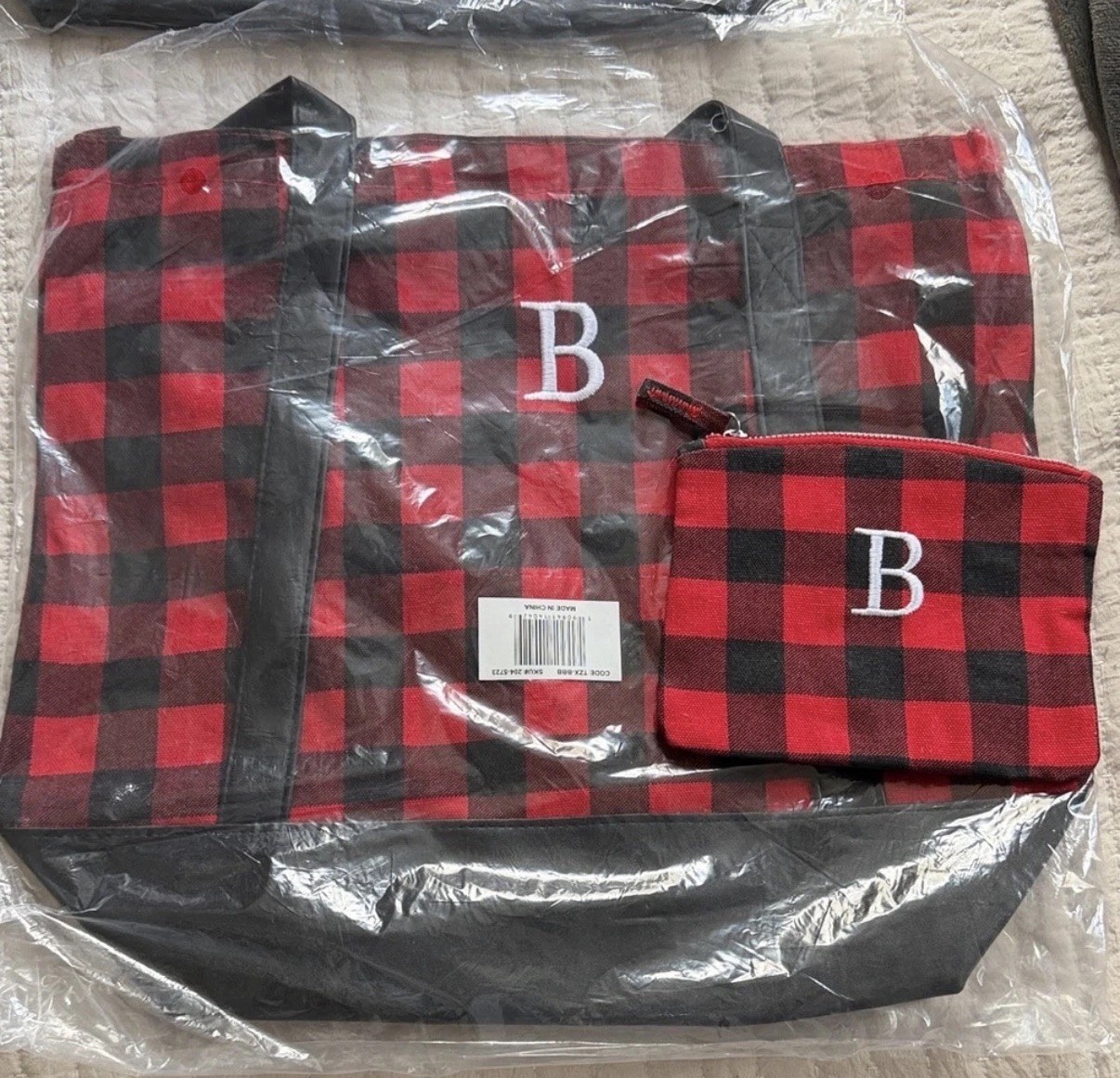 Red & Black Buffalo Plaid Large Tote w/ Matching Zip Pouch Monogram B