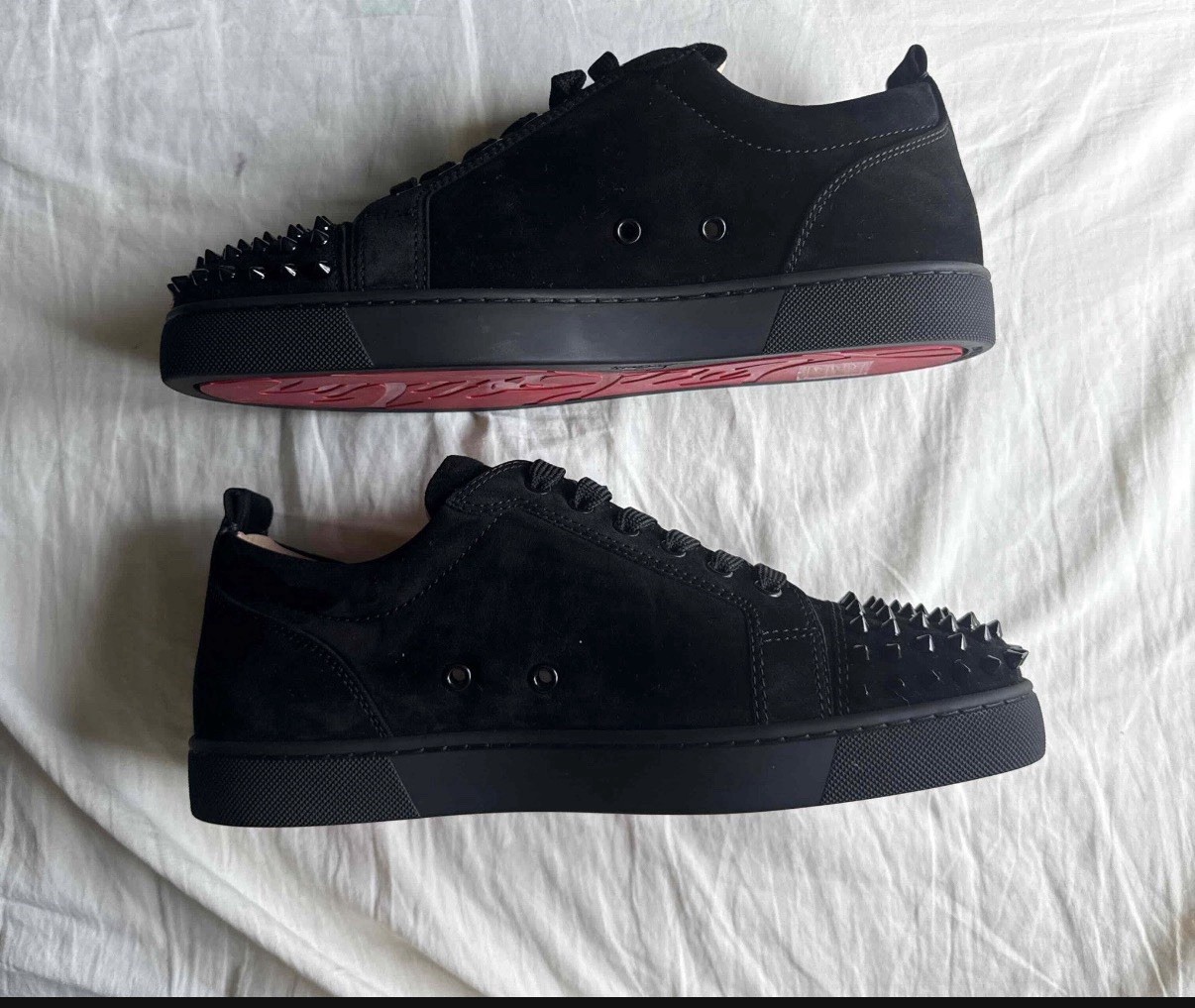 Christian Louboutin Louis Flat Calf Spikes Taupe Suede Low Top Lace-Up