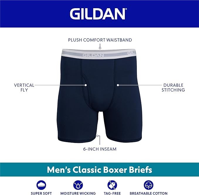 Gildan Men’s 5 Pack Classic Cut Plush Waistband Boxer Briefs Sizes M, L, XL, 2XL