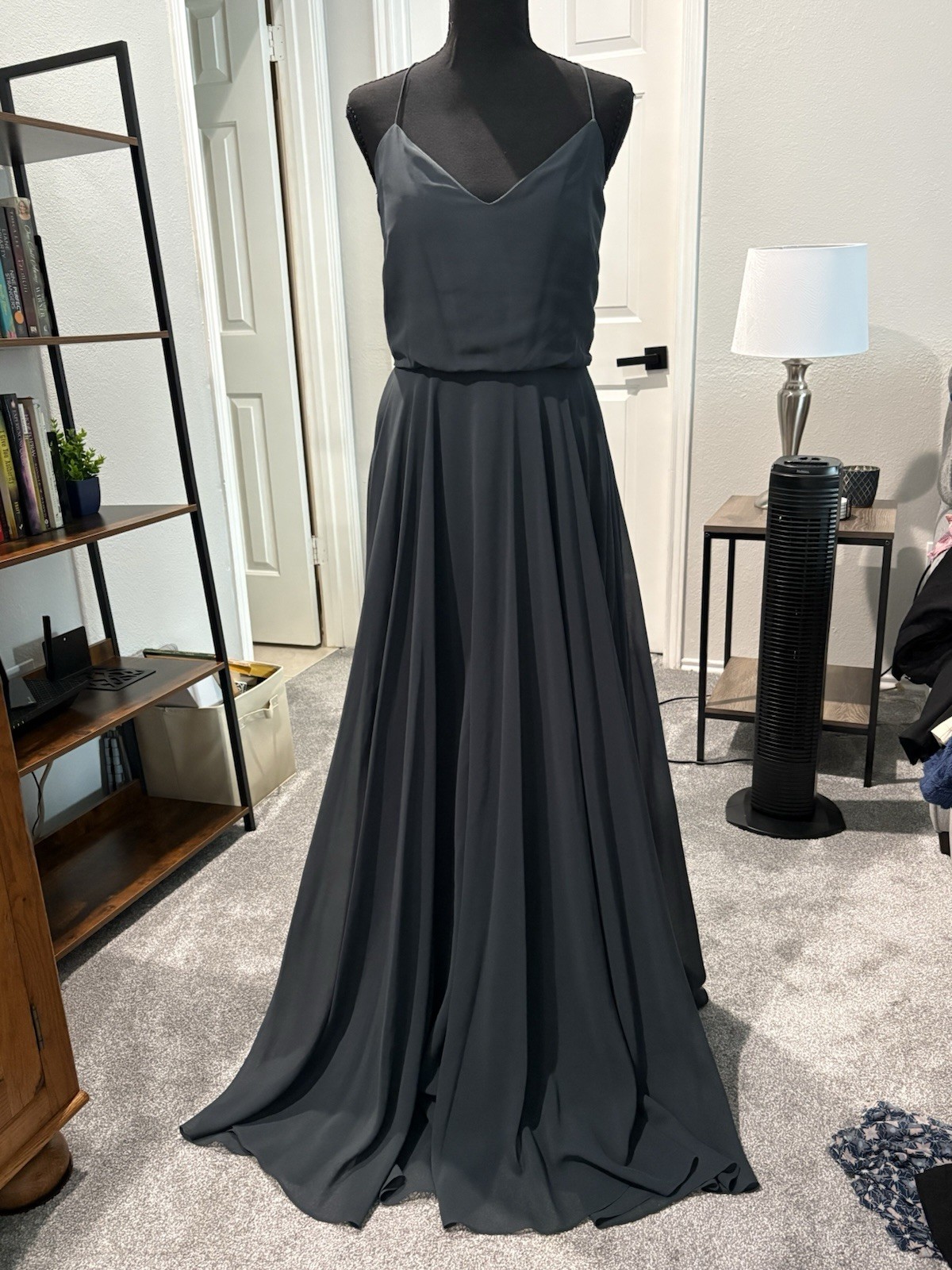 Jenny Yoo Collection 6 Gray Chiffon V-Neck Spaghetti Strap Long Gown