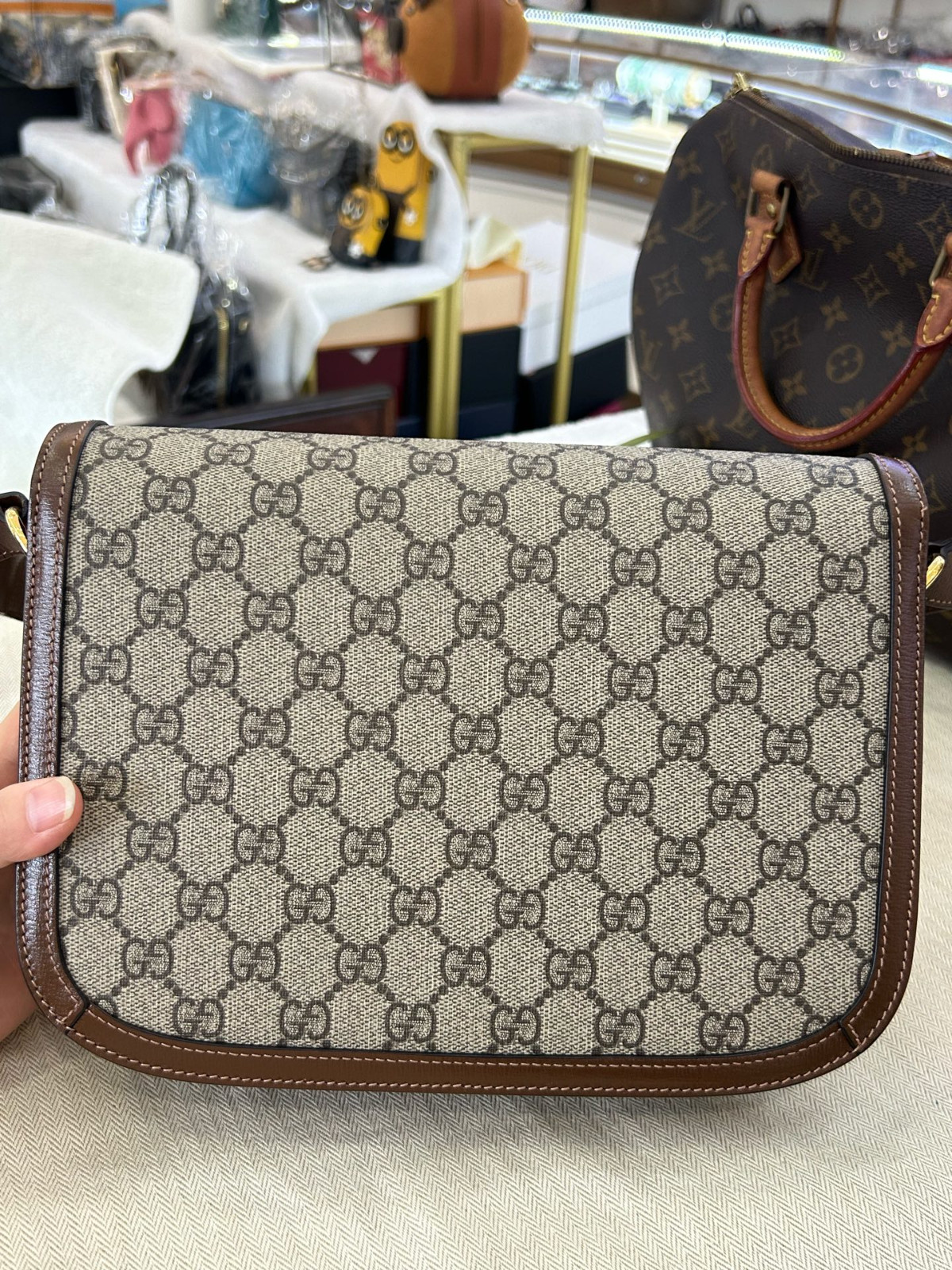 Authentic Gucci Horsebit 1955 GG Supreme Canvas and Leather Shoulder Bag Brown
