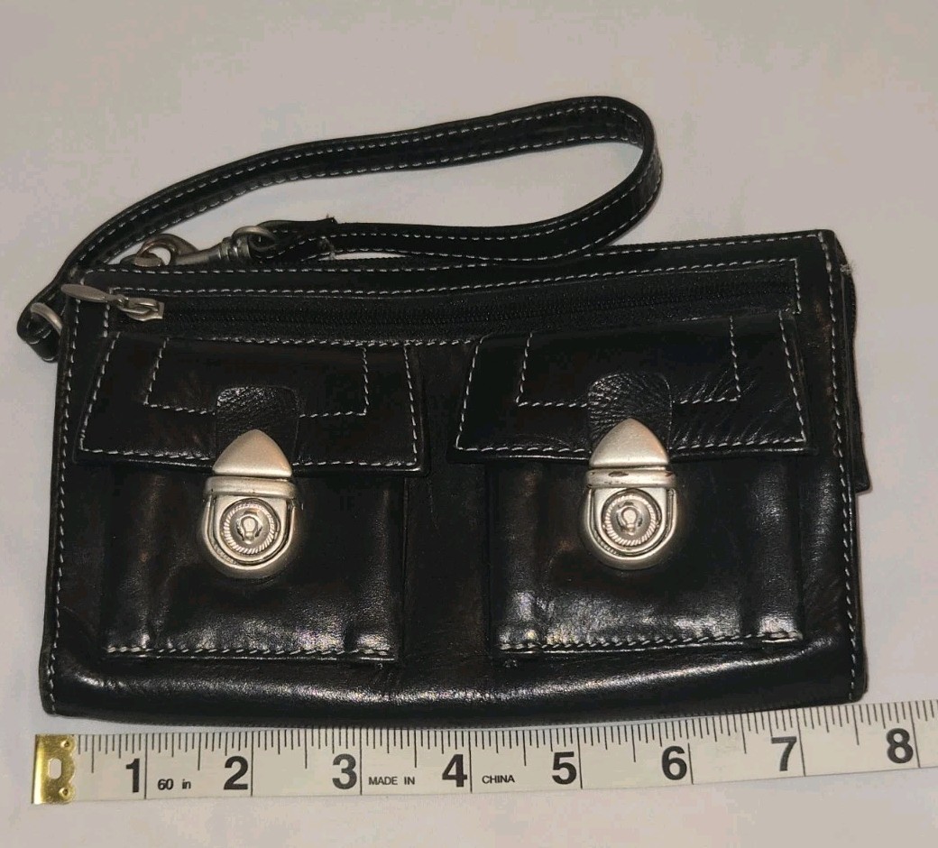 Nino Bossi Black Leather Double Push Lock • Zip Clutch Wallet Wristlet • EUC