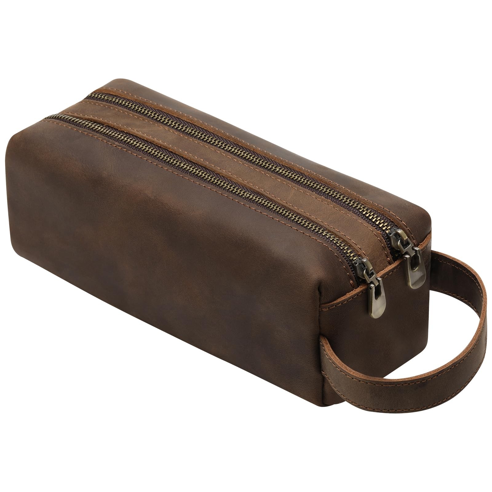 Ringsun Genuine Leather Makeup Bag, Portable 7.8in x 3in x 2.6in, Coffee