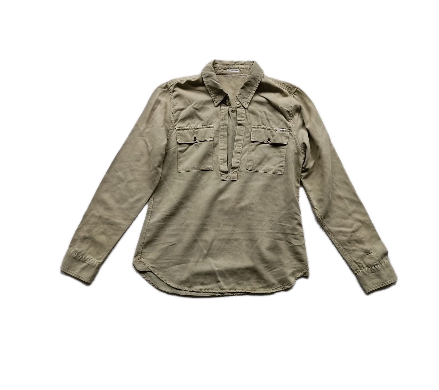 Mother The Frenchie Slipover Cotton Blend Military Green Shirt Womens Size Small