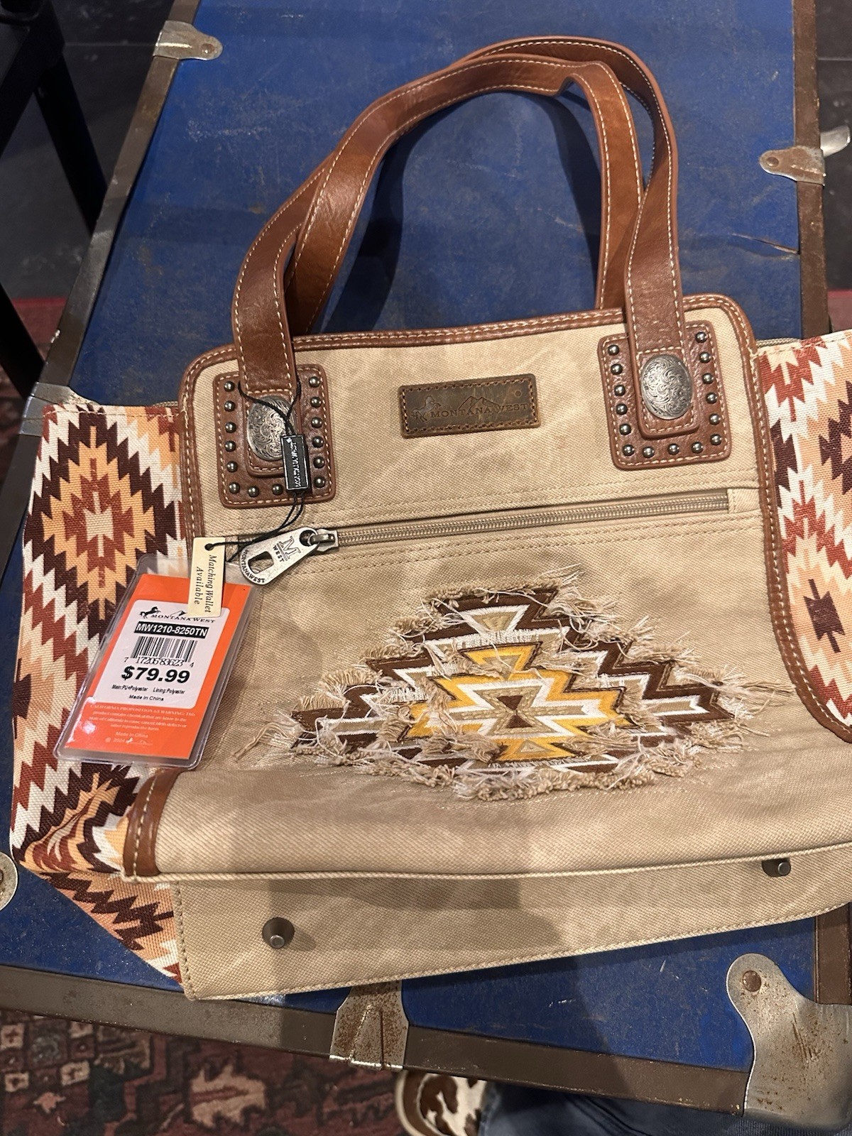 Montana West Western Aztec Geometric Tote Bag Zip Top Studded Pockets
