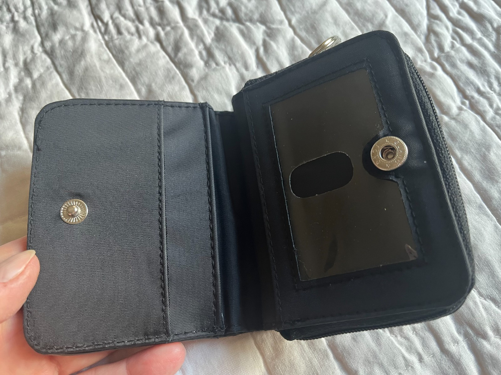 Black Geometric Nylon Poly Bi-Fold Small Women’s Wallet 4x3x1 Unused Clean