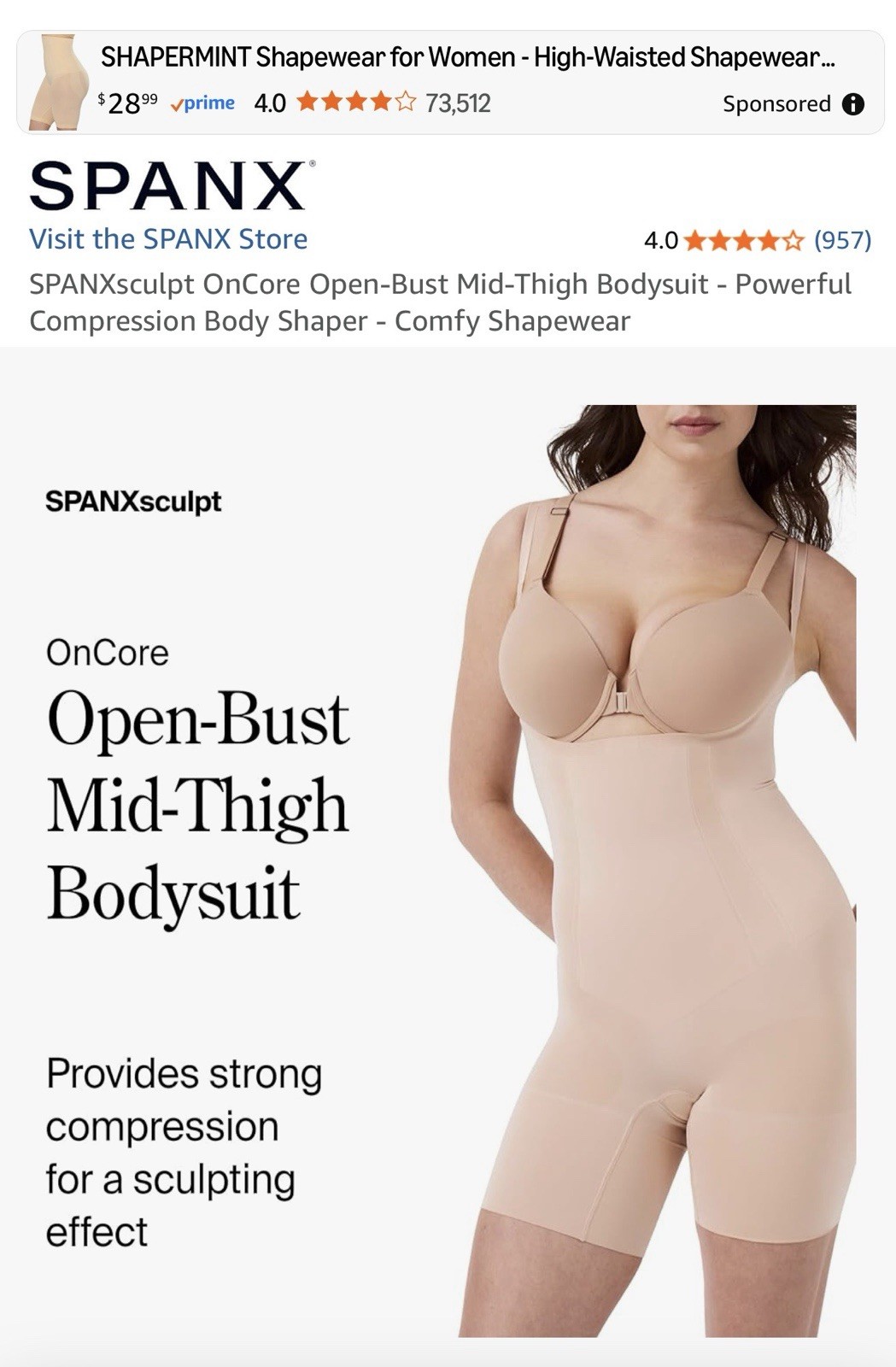 SPANX Sculpt OnCore Open Bust Mid Thigh Bodysuit Nude Slimming Shapewear Size L