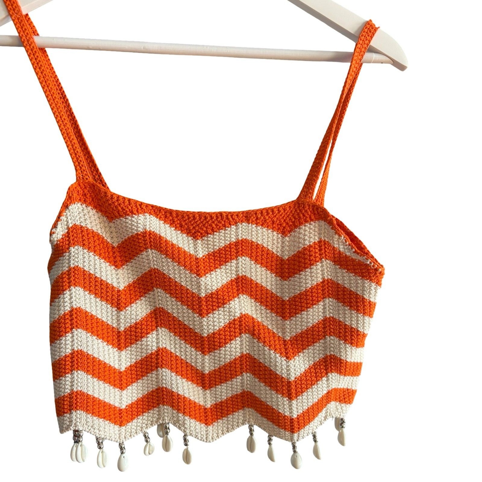 Sandro NWOT Cassandre Chevron Stripe Knit Crop Top Orange White Beaded Sz 0 / S