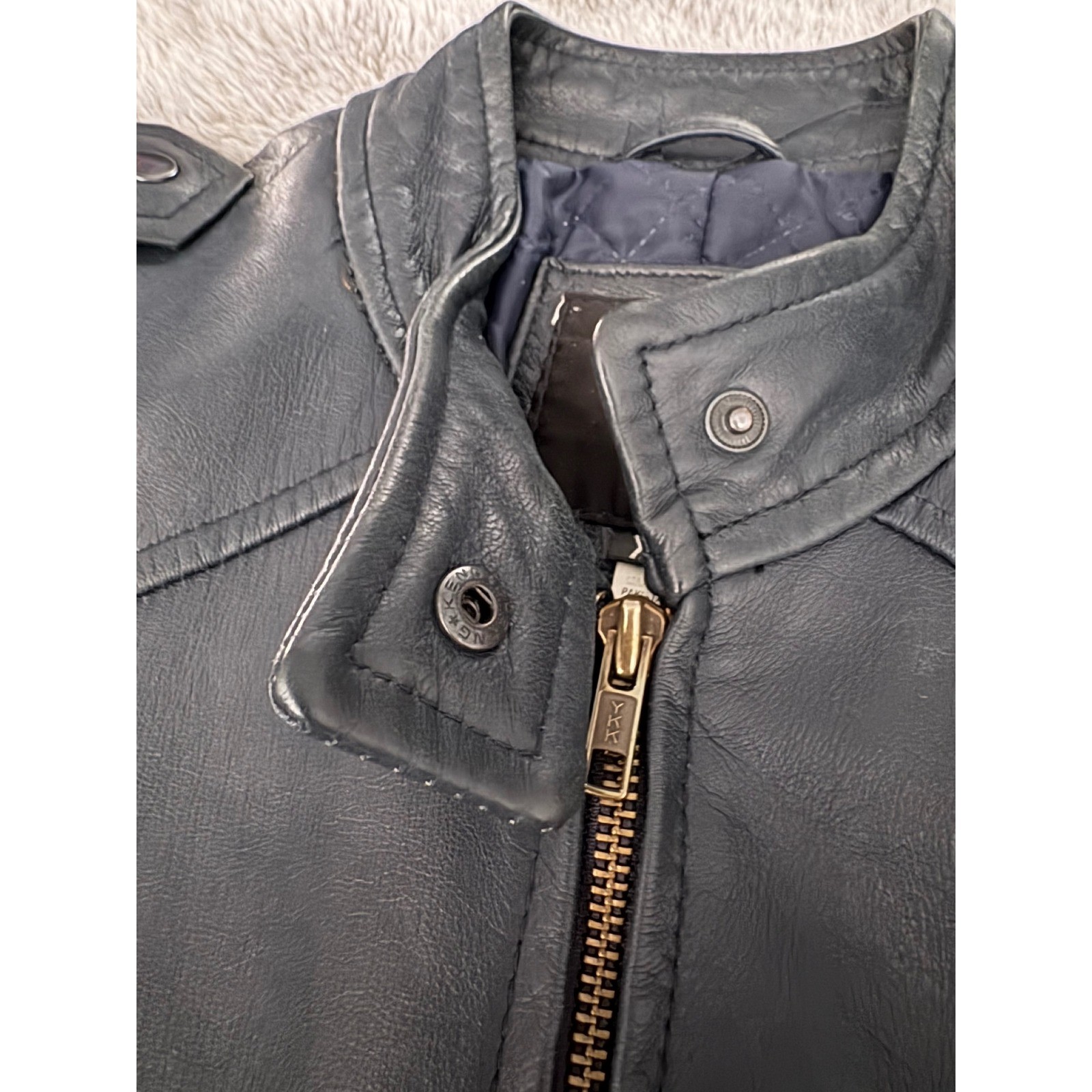 Superior New York Mens XL Blue Leather Bomber Cafe Racer Jacket Moto YKK Zip
