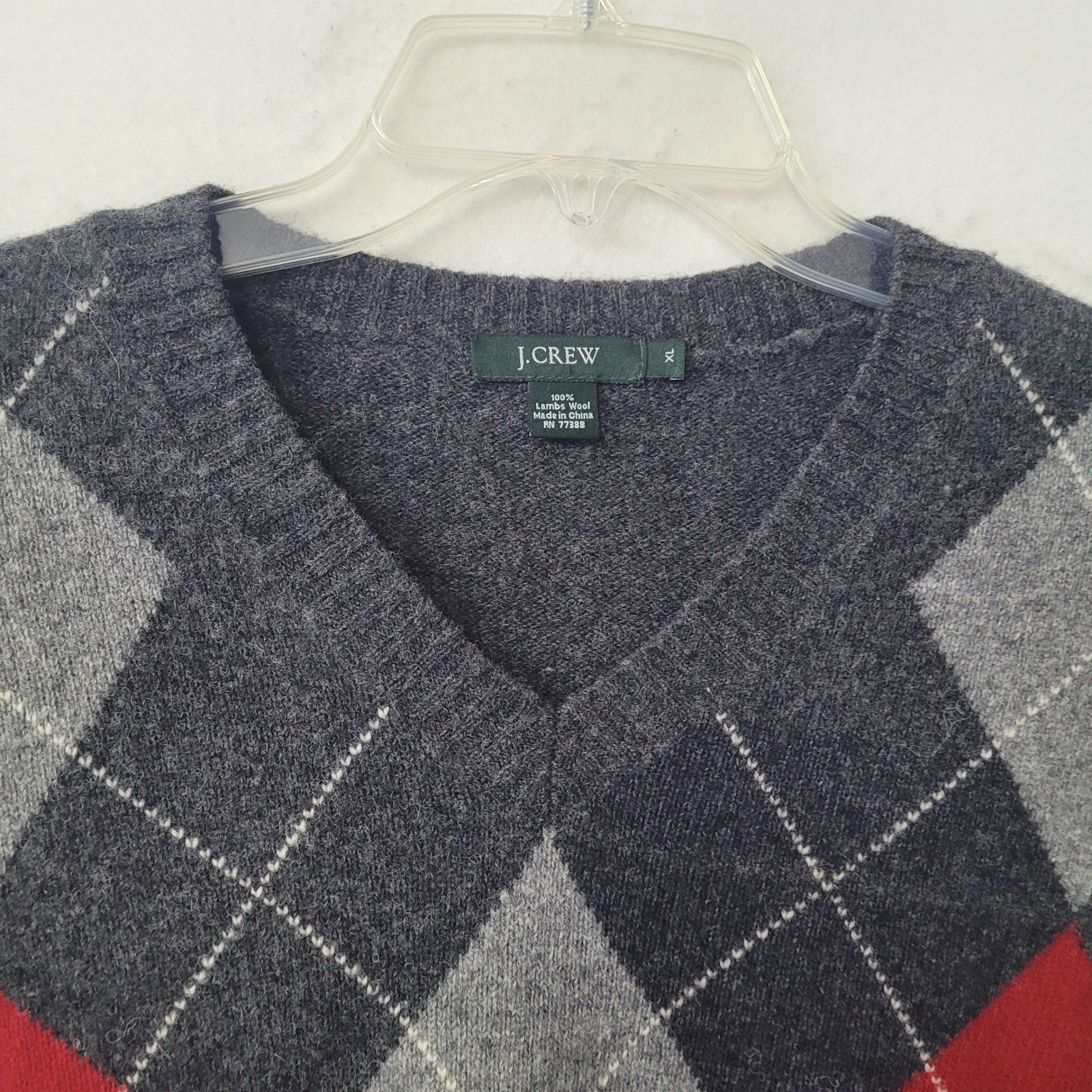 J.Crew Lambswool Sweater XL V-Neck Argyle Gray Red Classic Menswear Academia