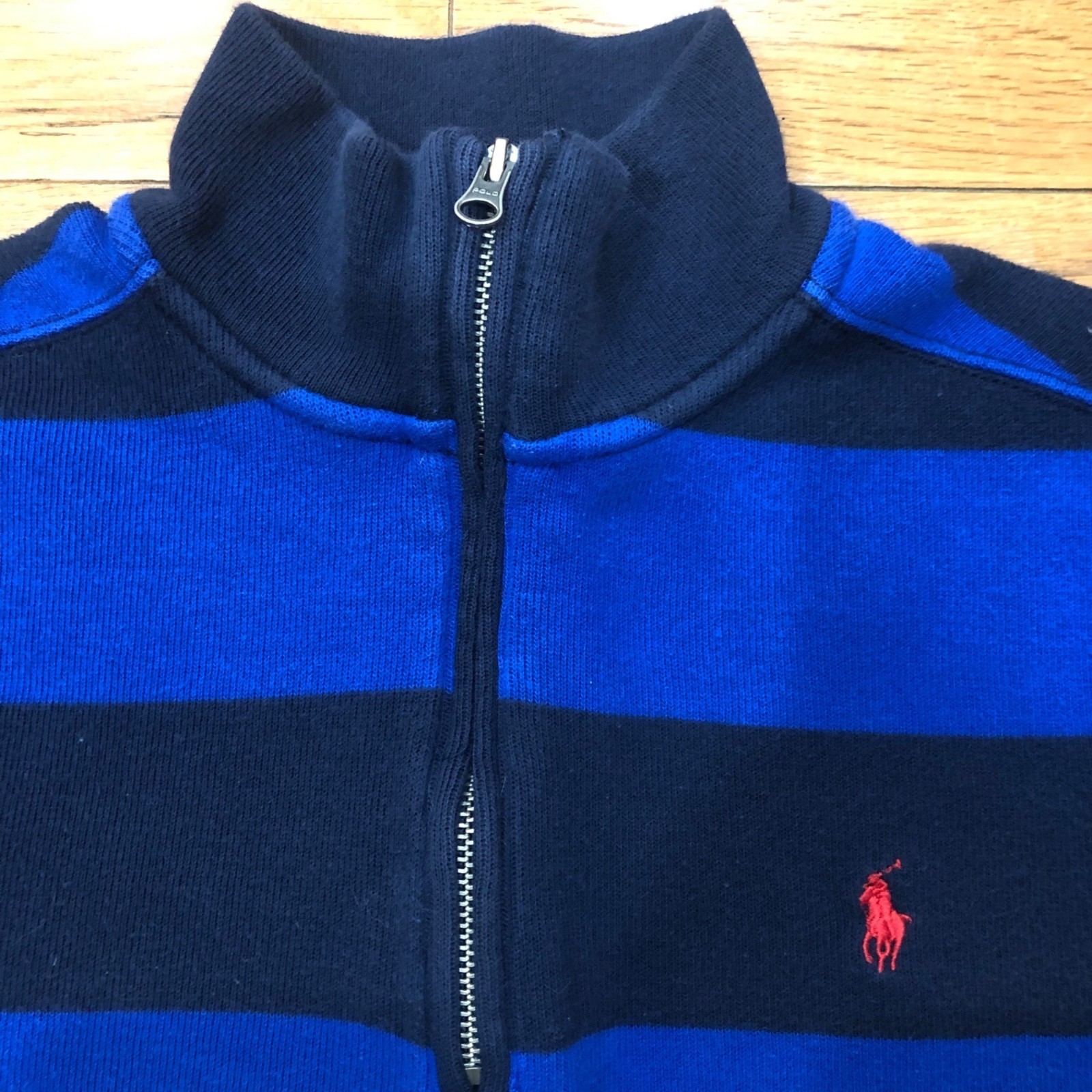 Polo Ralph Lauren 1/4 Zip Long Sleeve Royal & Navy Striped Polo Size L (14-16)