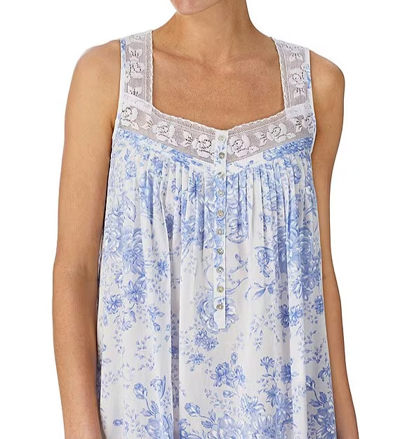 NWT Eileen West White/PERIWINKLE BLUE Floral 50″ Sleeveless Cotton Nightgown S