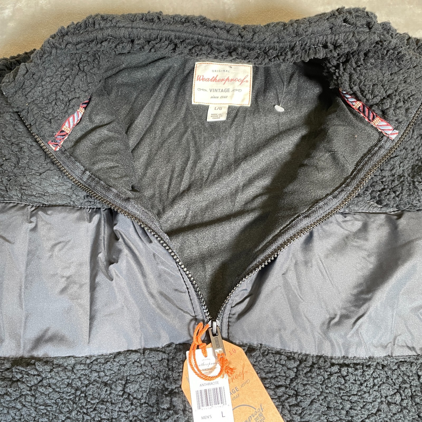 Original Weatherproof Vintage Anthracite Sherpa Black Zip Fleece Size L NWT $85