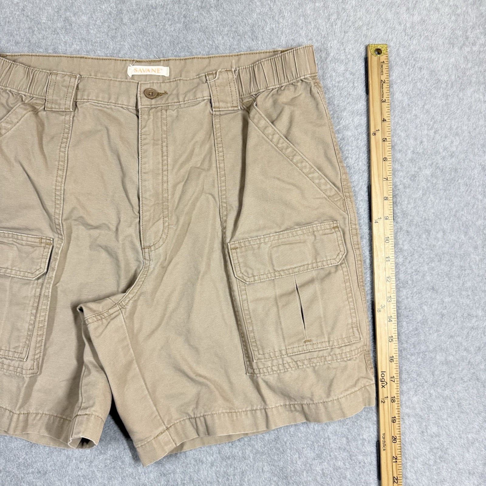 Savane 7″ Safari Cargo Shorts Mens 36 Beige Tan Canvas Elastic Waist Gorpcore