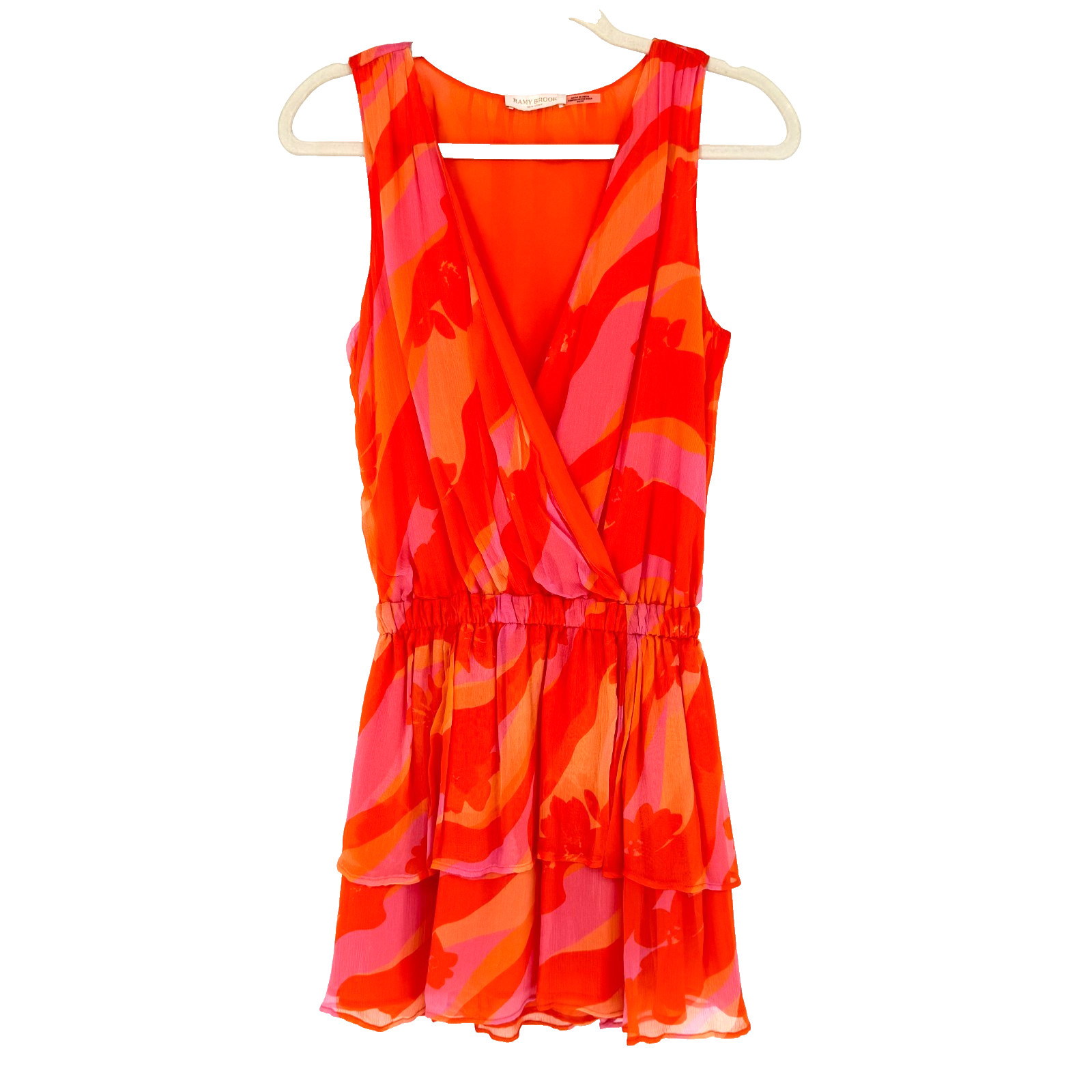 Ramy Brook Baldwin Mini Dress XS Orange Pink Floral Ruffle Wrap Resort