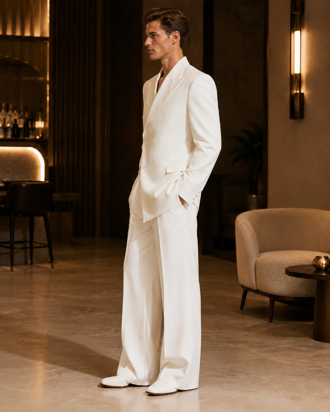 Mens White Asymmetrical 2 Piece Suit Wide Leg Pants Wedding Party Formal