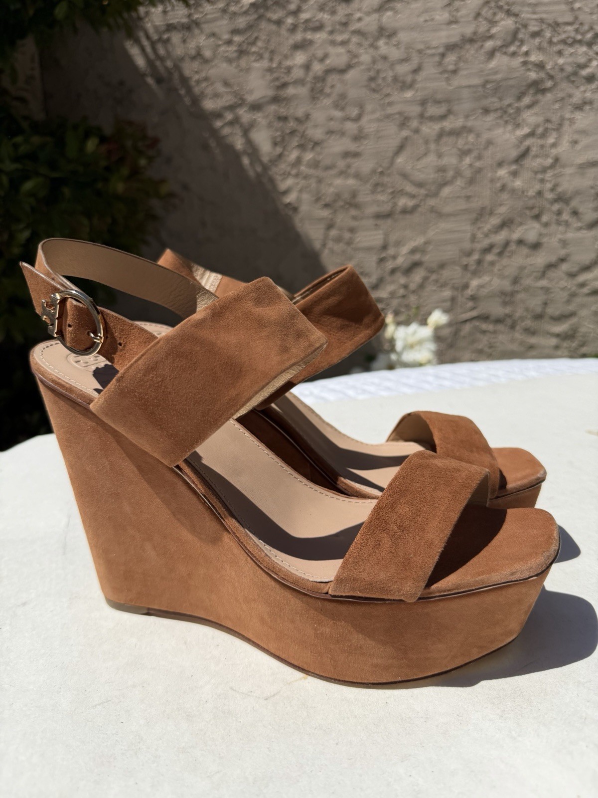 Tory Burch Loretta 120mm Lancaster Cuoio Brown Suede Platform Wedge Sandals 11 M