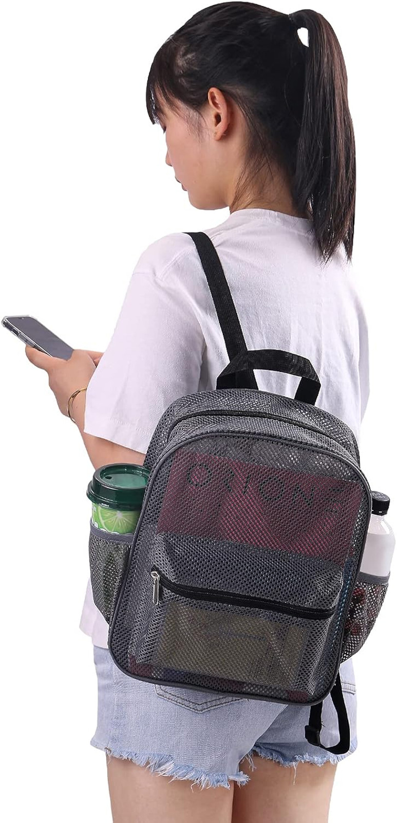 Grey Mesh Backpack – Transparent, Durable Bag for School, Beach & Sports