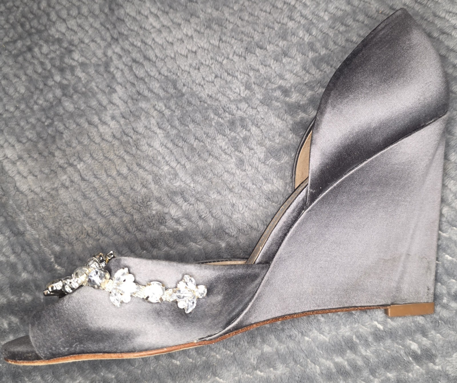 David Tutera Women’s Gray Satin Open Toe Wedge Heels with Rhinestone Accents