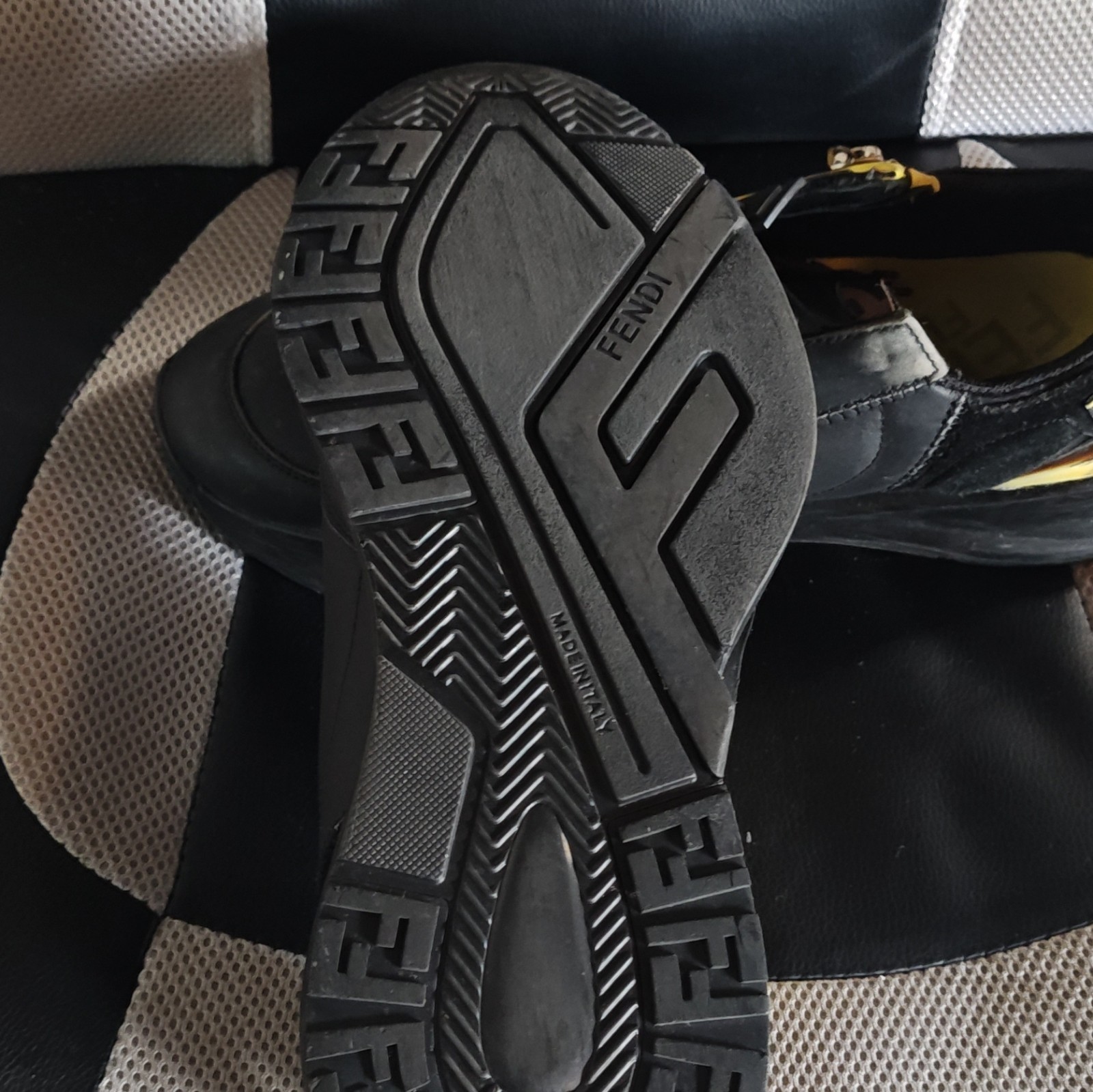 Fendi Flow Men’s Black/Yellow Low Top Sneakers Lace-Up Zip Logo Strap