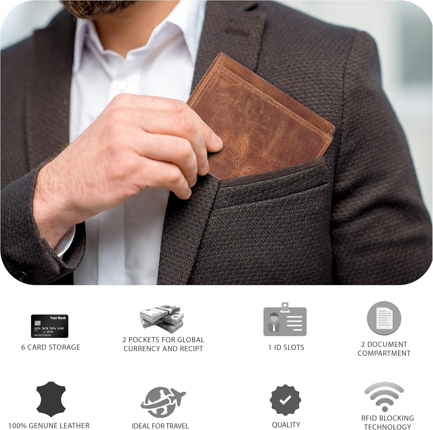 Tri Fold Leather Wallet for Men with RFID | Slim Wallets for Men with 1 ID and 6