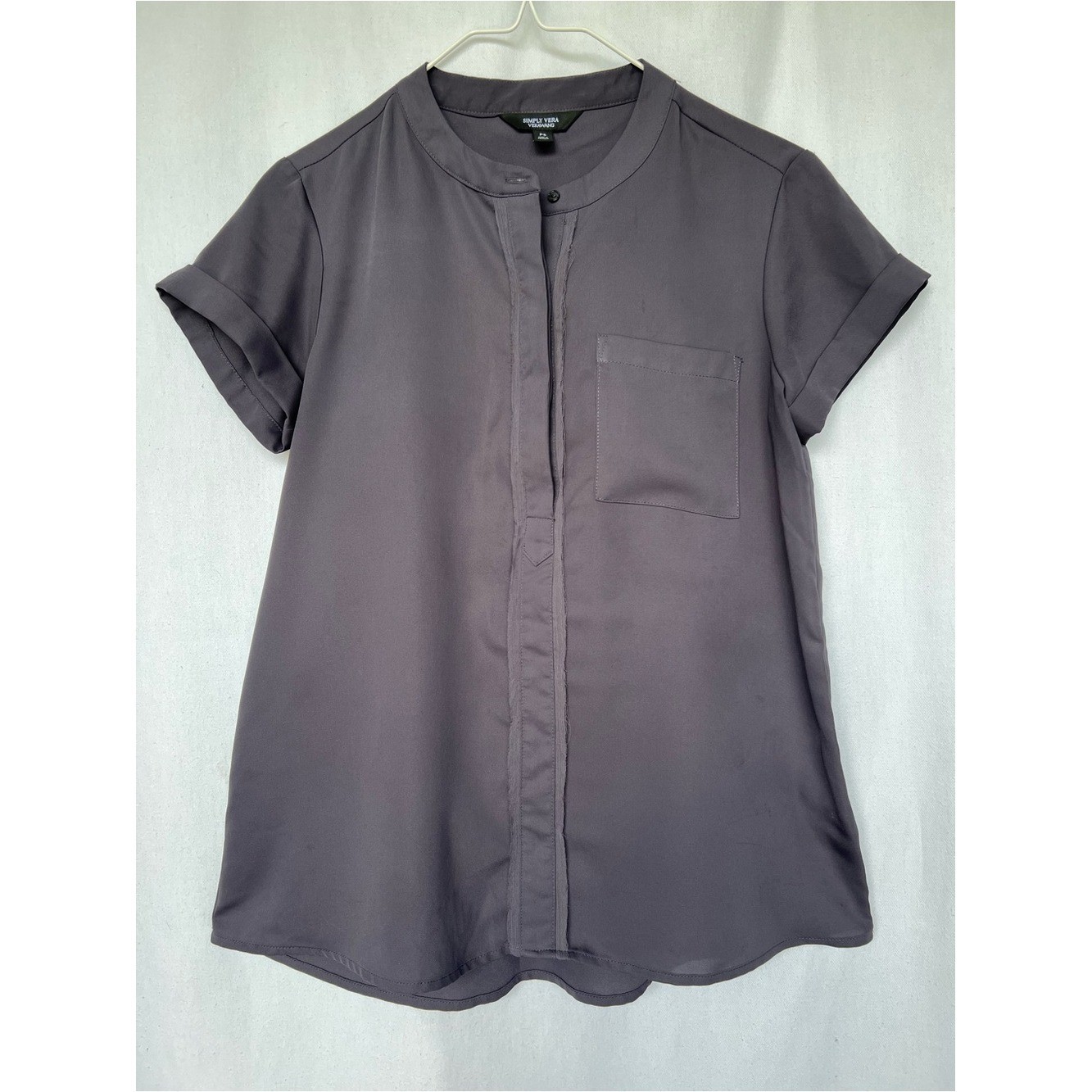 Vera Wang Short Sleeve Mandarin Collar Blouse Classic Preppy Dark Academia Goth