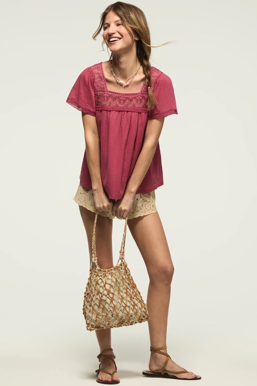 Lucky Brand Mesh Lace Square Neck Blouse Rose Wine Pink Women’s Large L