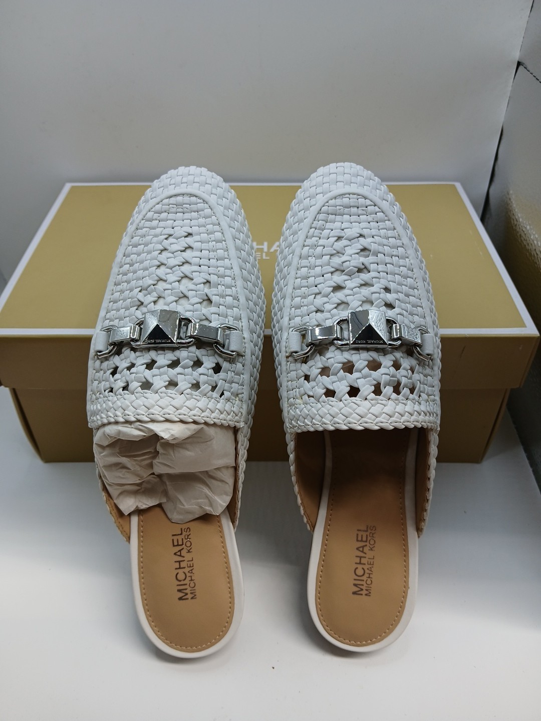 Michael Kors Charlton Woven Mule Slides Optic White Leather Loafer Size 5M