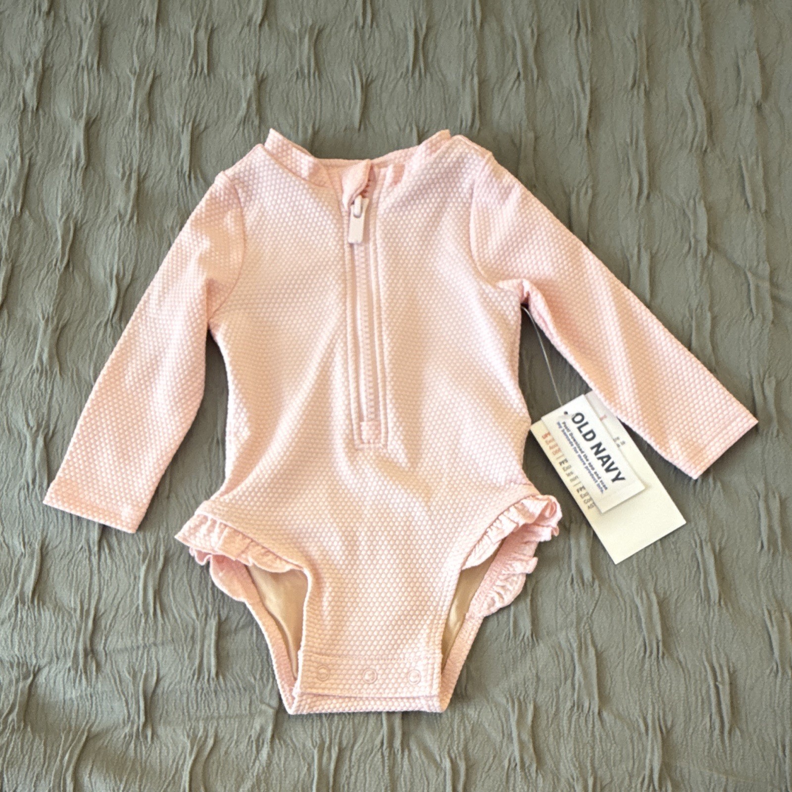 Old Navy Girls Pink Textured Knit UPF 40+ Zip Long Sleeve Ruffle Bodysuit 0-3M