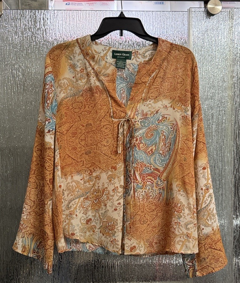 Paisley Boho Semi Sheer Long Sleeve Blouse 20” P2P 25” Length EUC Ladies Large