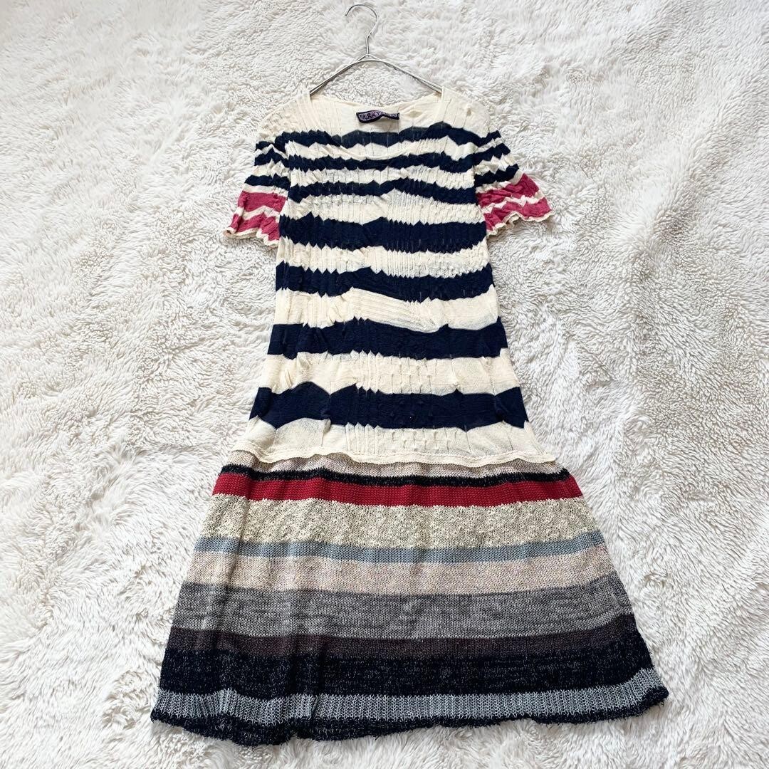 M.&KYOKO Silk Blend Short Sleeve Striped Knee Dress Size 1 Ivory Navy Pink Auth