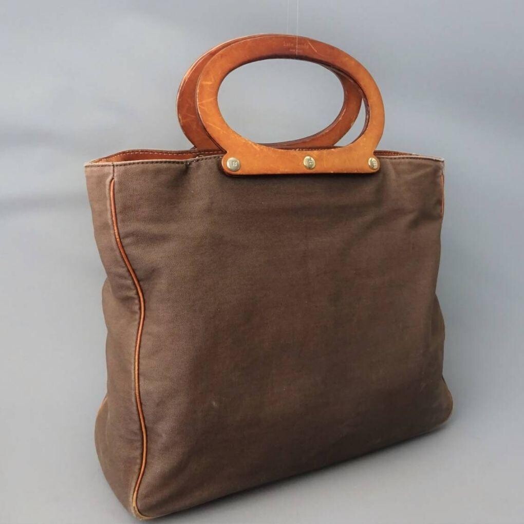 Kate Spade Brown Canvas Leather Tote Bag Gold Hardware Double Handles 12.6in