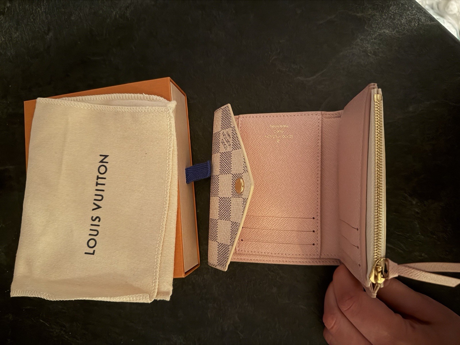 Louis Vuitton Damier Azur Tri-Fold Wallet w/ Zip Coin Pouch Pink Beige