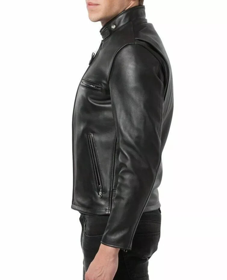 Cafe Racer Retro Men’s Motorcycle Biker Leather Jacket Black Real Sheepskin