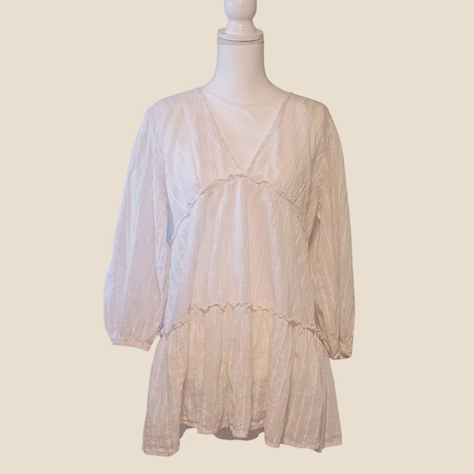 Blue Island White Metallic Stripe Tiered Babydoll Tunic Top V-Neck Tassel Back S