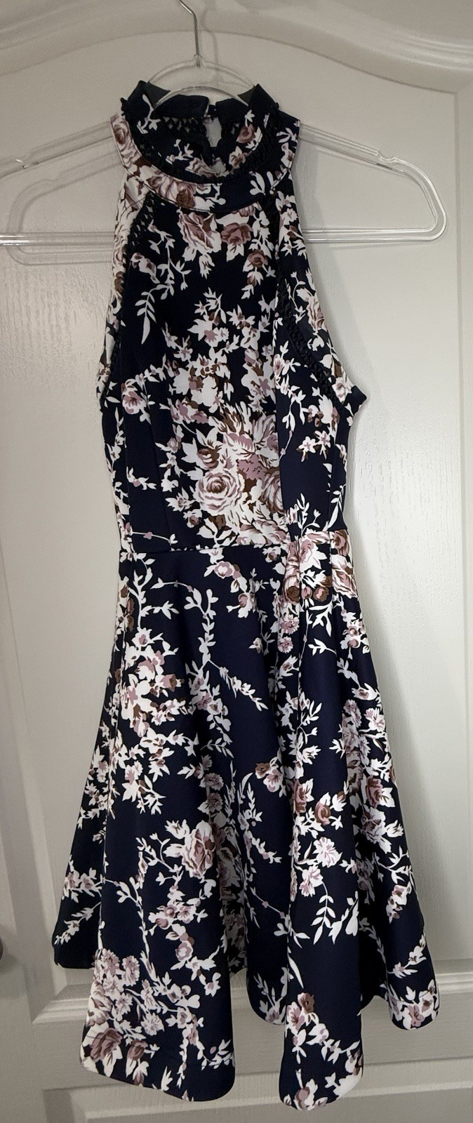B. Darlin Navy Floral High Neck Fit Flare Party Dress Size 3/4