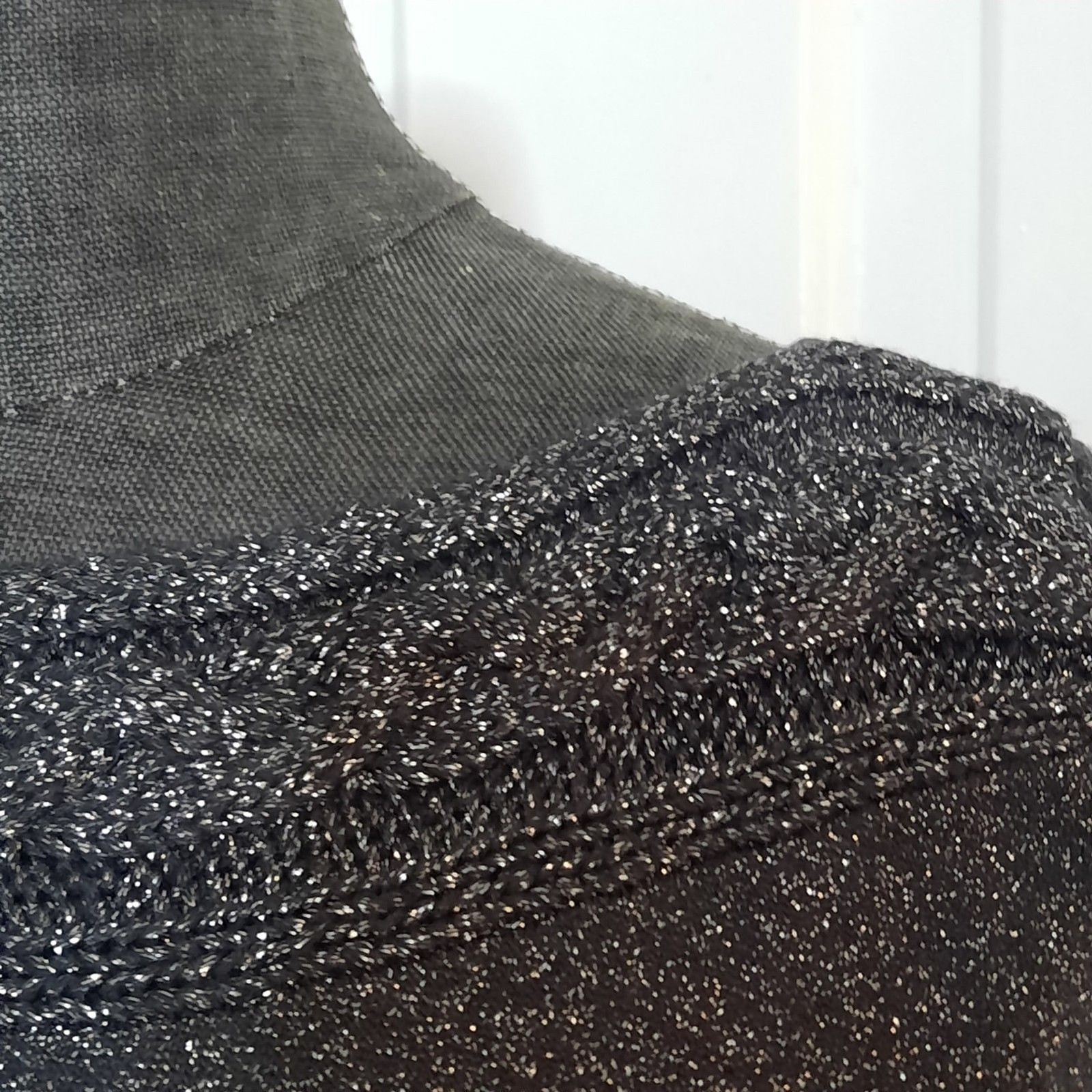 Worthington Metallic Lurex Black Silver Sparkle Knit Top Cable Yoke Detail, MED