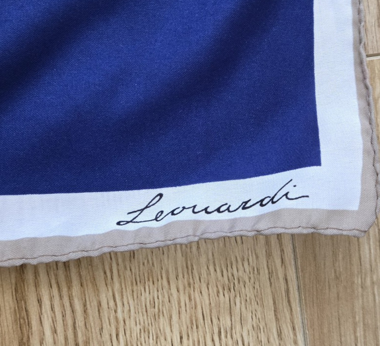 Vintage LEONARDI Silk Scarf in Shades of Blue + Tan. 31.5 inches x 31.5 inches