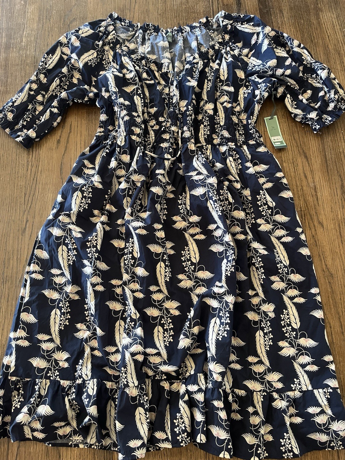 Terra & Sky Navy 3X Floral Midi Smocked Waist Dress Short Puff Sleeve Tiered