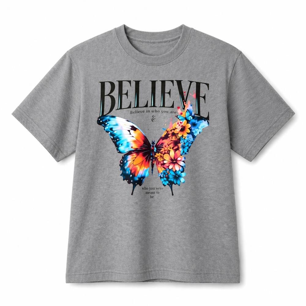 Believe Colorful Butterfly Inspirational Retro Graphic Cotton T‑Shirt Unisex