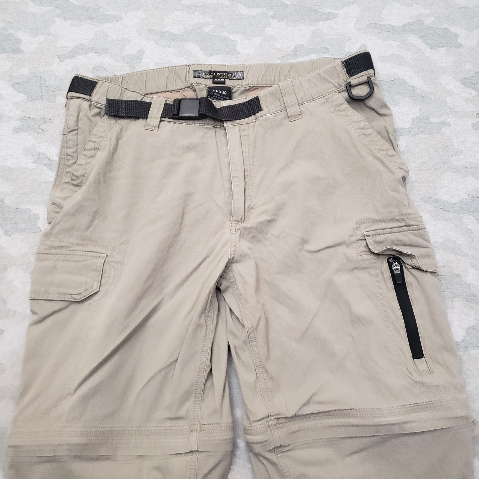 B.C Clothing Convertible Pants Mens XL/30 Tan Cargo Pockets Belted Outdoors